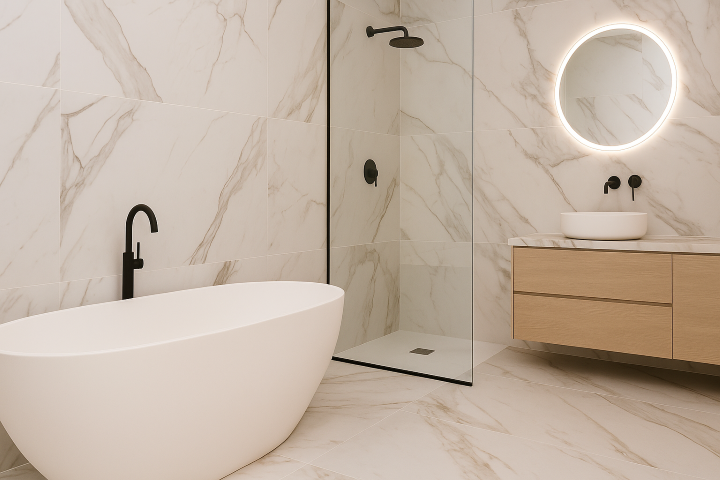 Baño de Lujo con Mármol reconstruido y grifería negra mate