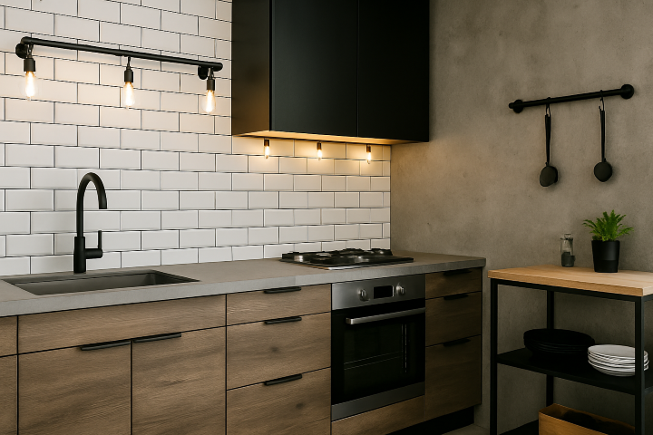 Cocina Industrial con Azulejos tipo metro y cemento pulido