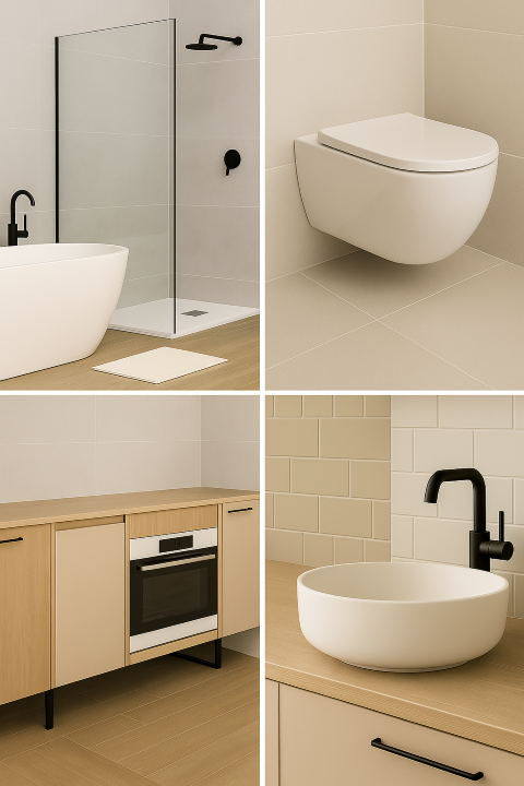 Mampara de baño, grifería negra y azulejos neutros de Stock Ceramic en nuestro almacén de Castellón