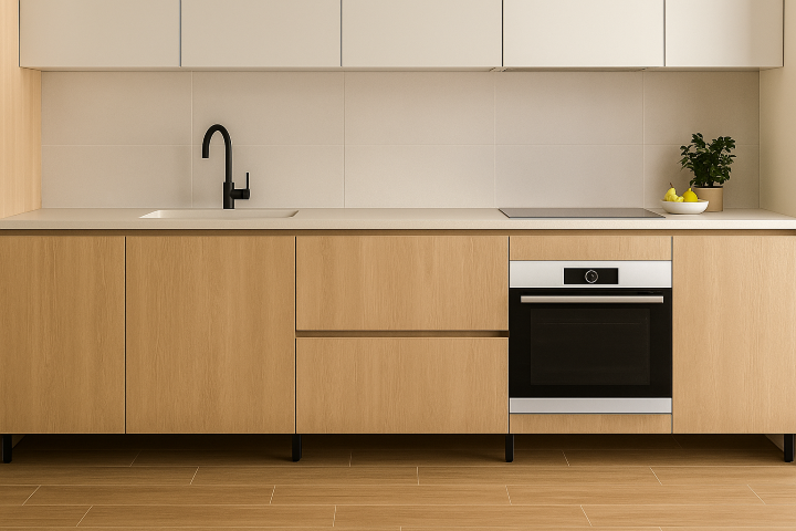 Cocina con pavimento porcelánico imitación madera y revestimiento mate