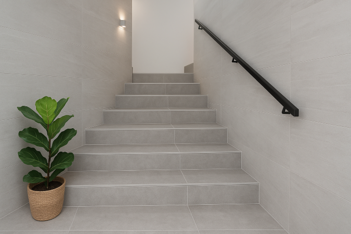 Escalera interior revestida en porcelánico tono gris claro