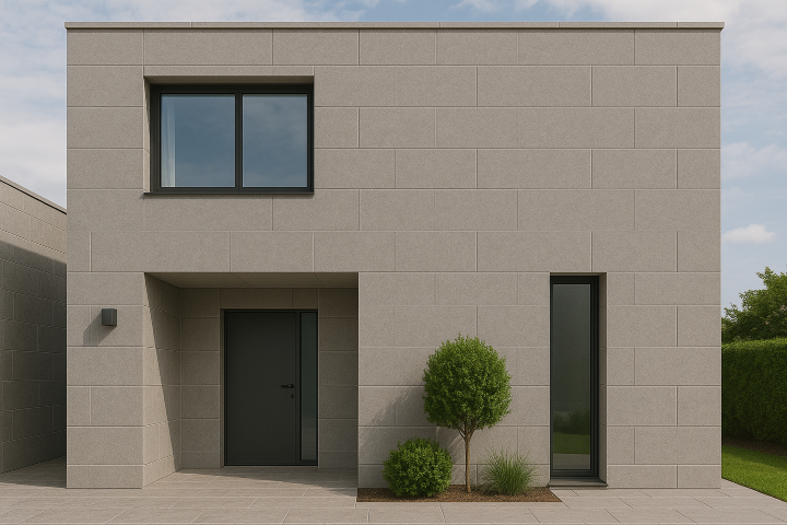 Fachada moderna con cerámica de gran formato y juntas finas